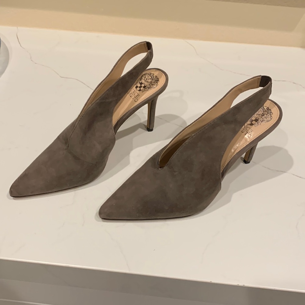 Vince Camuto grey suede sling back high heels in size 8.